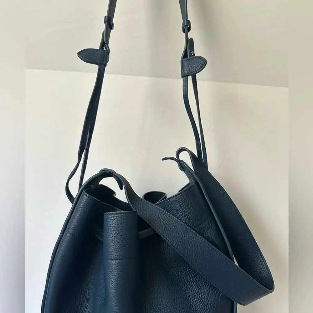 The Row XL Drawstring Hobo Shoulder Bag Marine Blue Pebbled Leather Bucket Bag